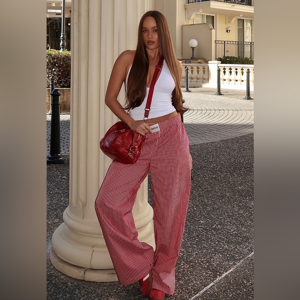 White Fox “Just Stop” red stripe pants